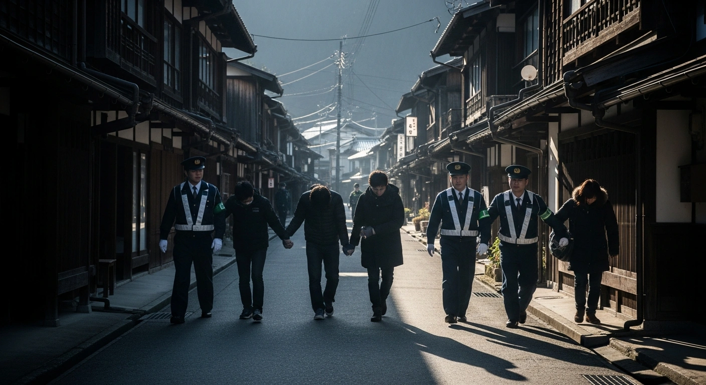 A wide, slightly elevated shot captures uniformed Japanese immigration officers escorting several individuals with downcast expressions on a quiet, traditional Japanese village street at dawn, symbolizing Japan's nationwide crackdown on illegal migrants, including the arrest of Thai nationals in Nagano Prefecture under the 'Zero Illegal Residents Plan'.