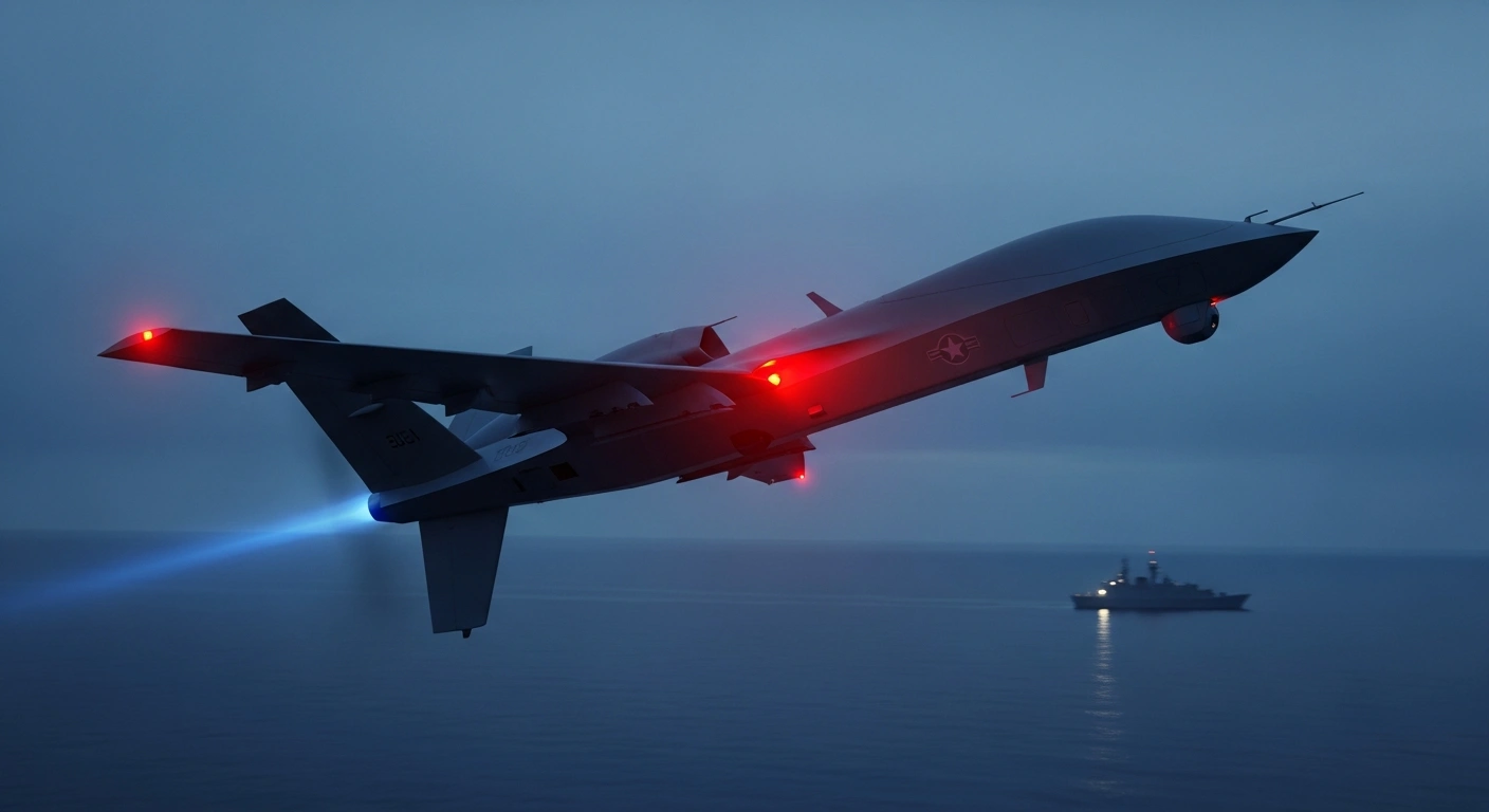 A Japanese military interceptor drone flies over the ocean to protect naval vessels from aerial threats.