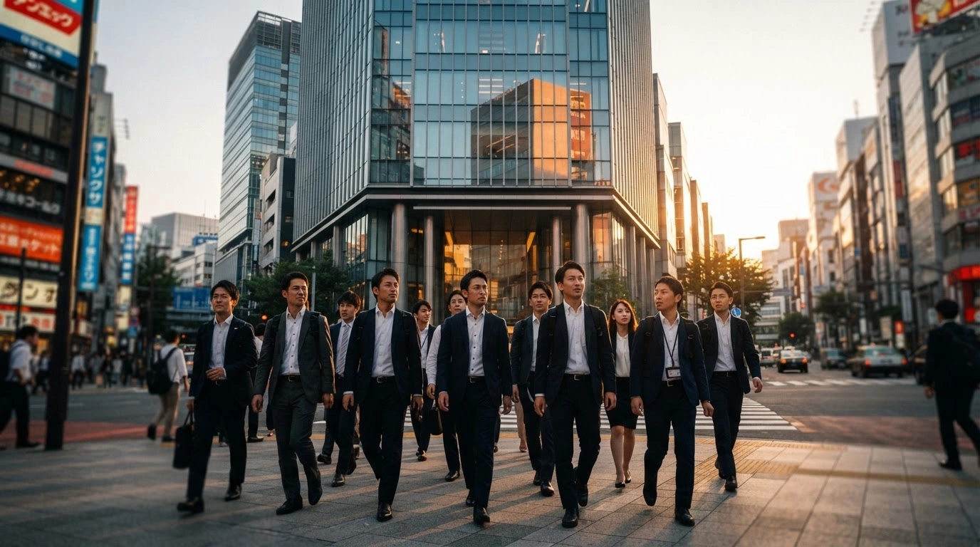 A group of Japanese workers walks through a city street as Japan implements widespread minimum wage increases to combat inflation.