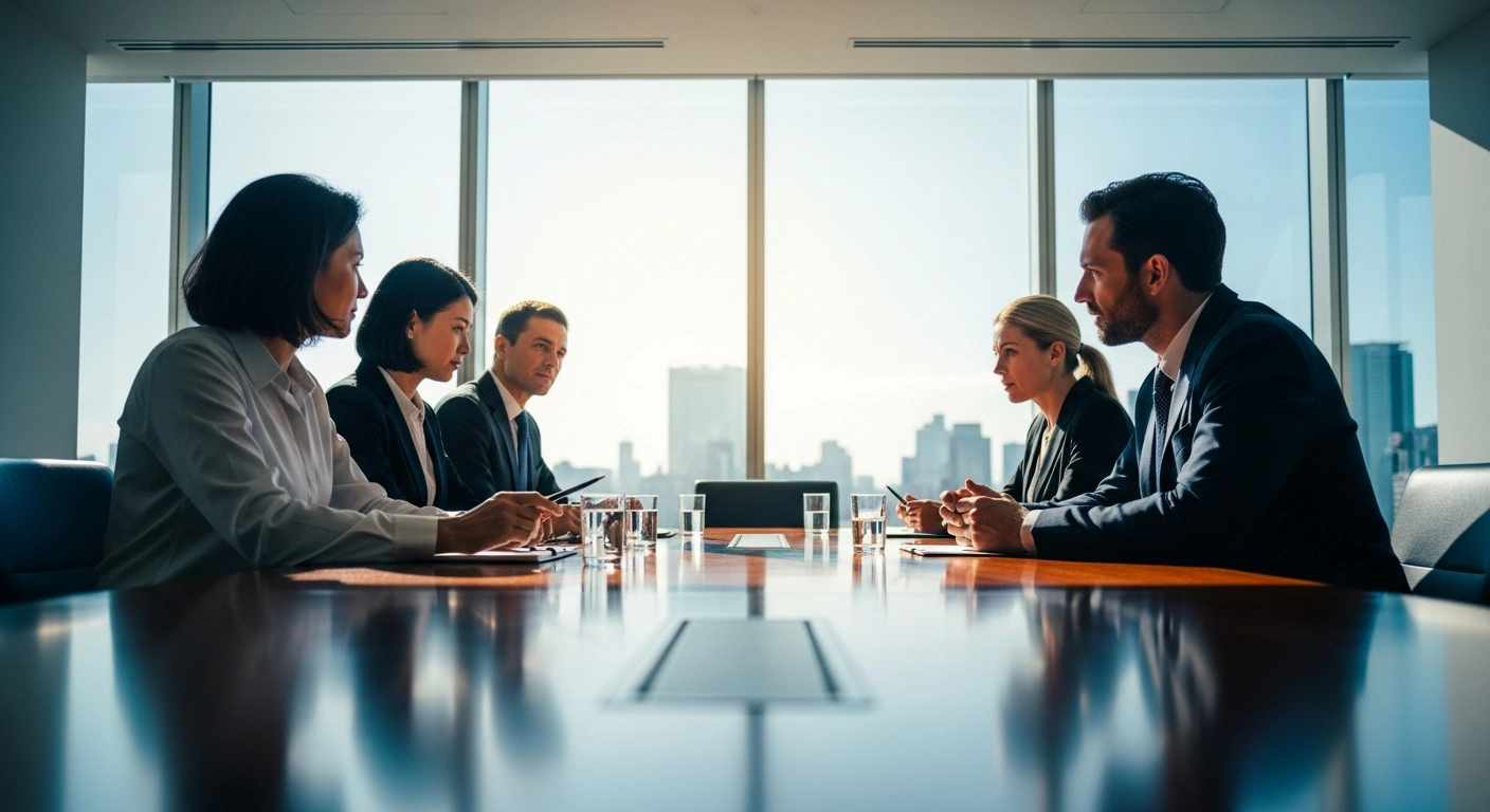 Labor and management representatives engage in final-stage negotiations to determine the national minimum wage in a Tokyo boardroom.