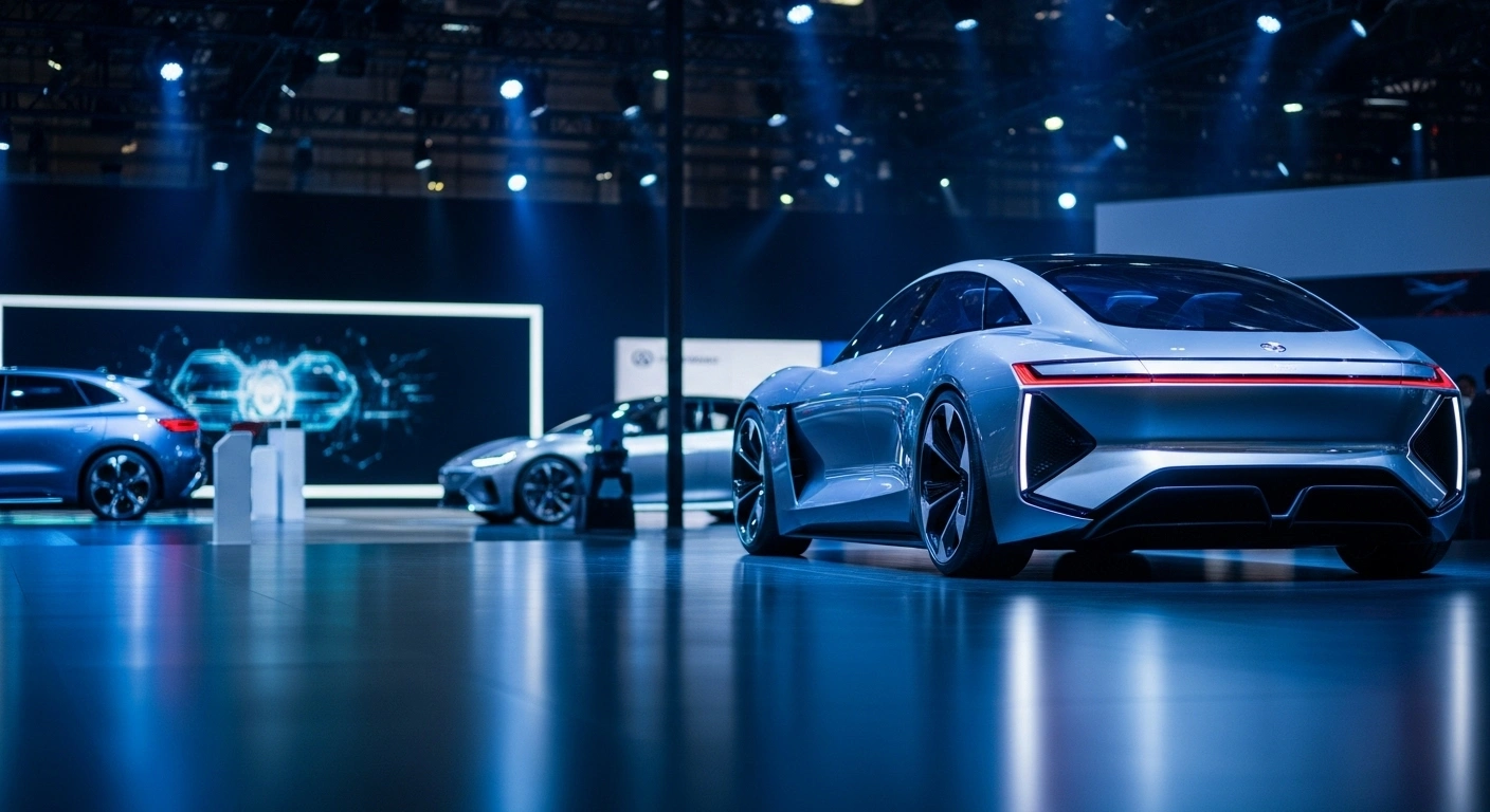 A futuristic electric concept car, brightly illuminated by spotlights, stands prominently on a polished floor at the Japan Mobility Show 2025 in Tokyo, surrounded by other innovative vehicles from major automakers like Toyota, Subaru, Honda, Nissan, Hyundai, and Daihatsu, showcasing cutting-edge mobility solutions.