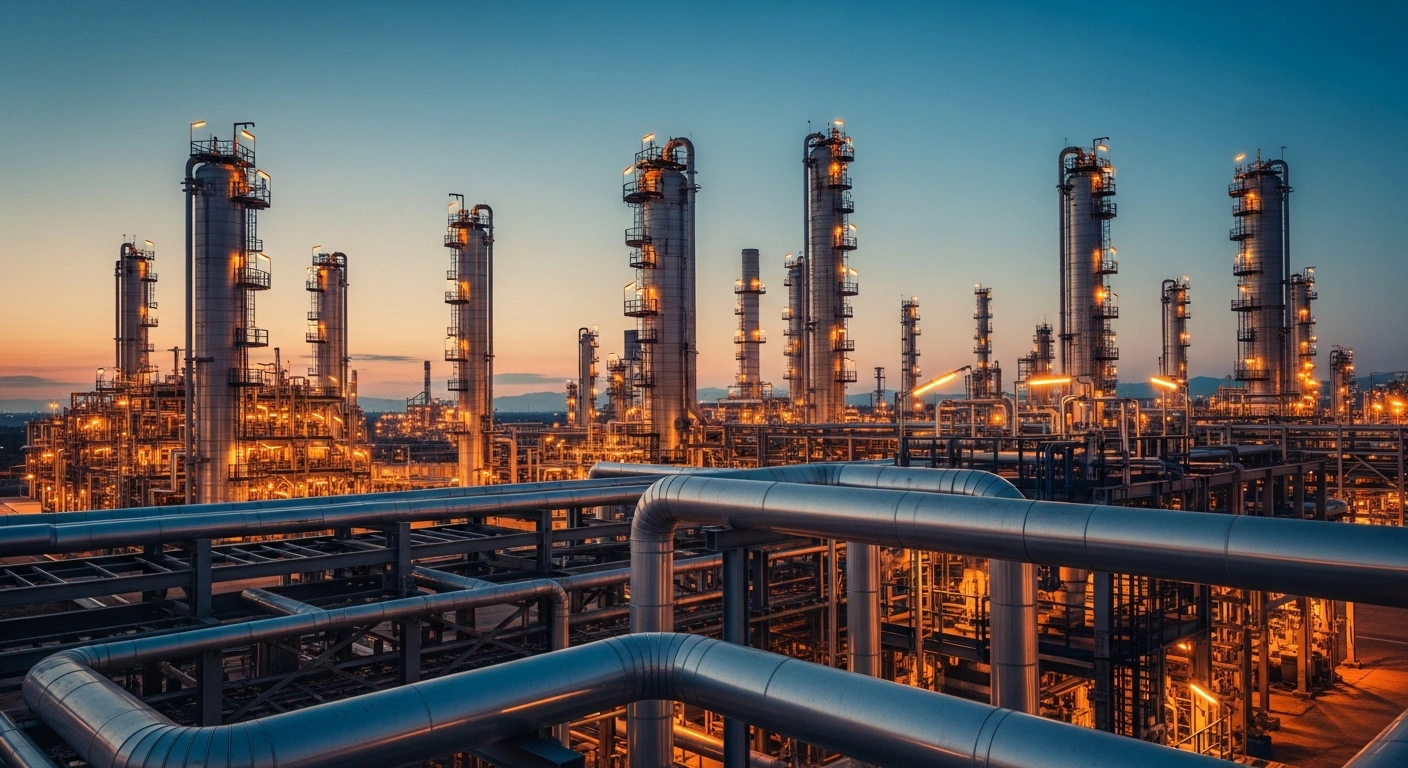 A modern petrochemical refinery complex stands under a twilight sky as Japan monitors naphtha supply chains amidst regional conflict.