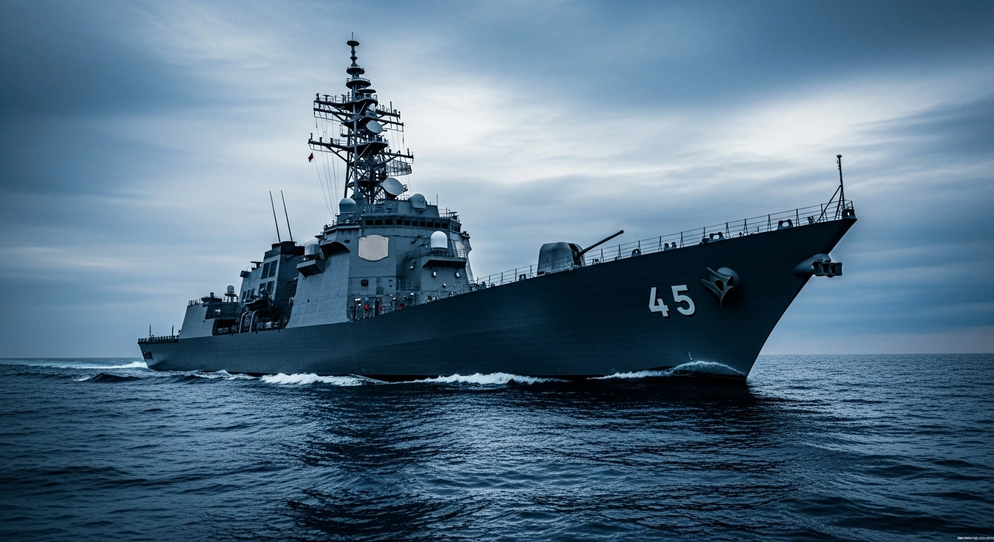 A modern Japanese naval destroyer patrols the ocean as part of Japan's efforts to increase national security and defense spending.