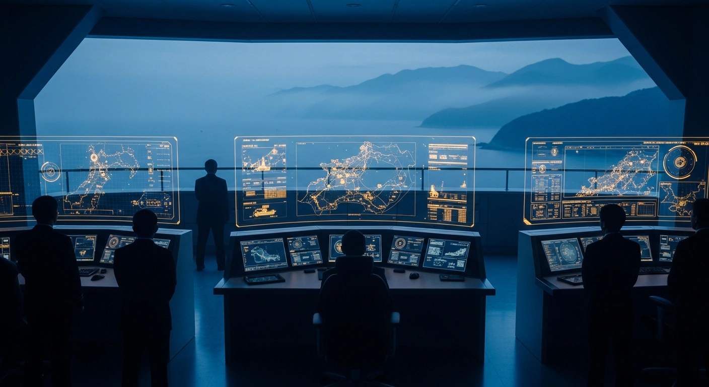Japanese government officials review national security strategy and defense technology in a high-tech command center overlooking the coast.