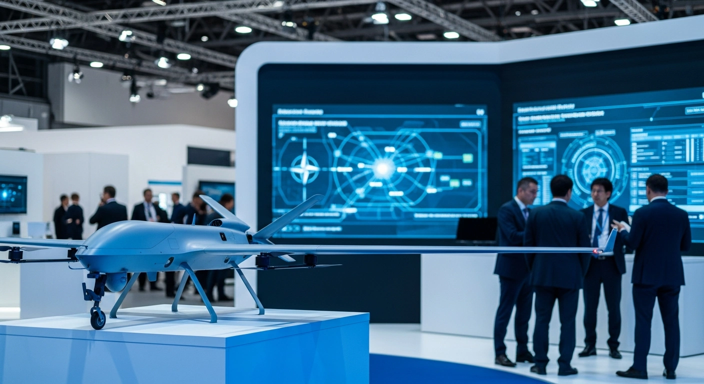 Japanese defense representatives showcase advanced unmanned aerial technology and cybersecurity systems to NATO officials during a collaborative security summit in Brussels.