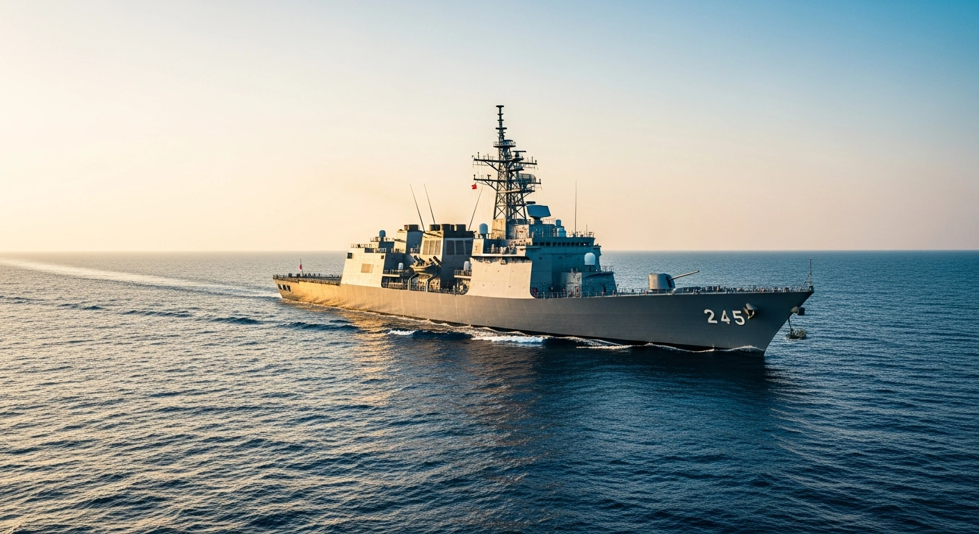 A Japanese destroyer patrols the waters of the Middle East under a golden sunset to maintain regional stability.