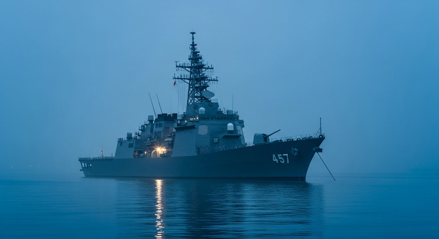 A Japanese naval destroyer sits anchored in a harbor during twilight as the government evaluates its potential security contributions in the Middle East.