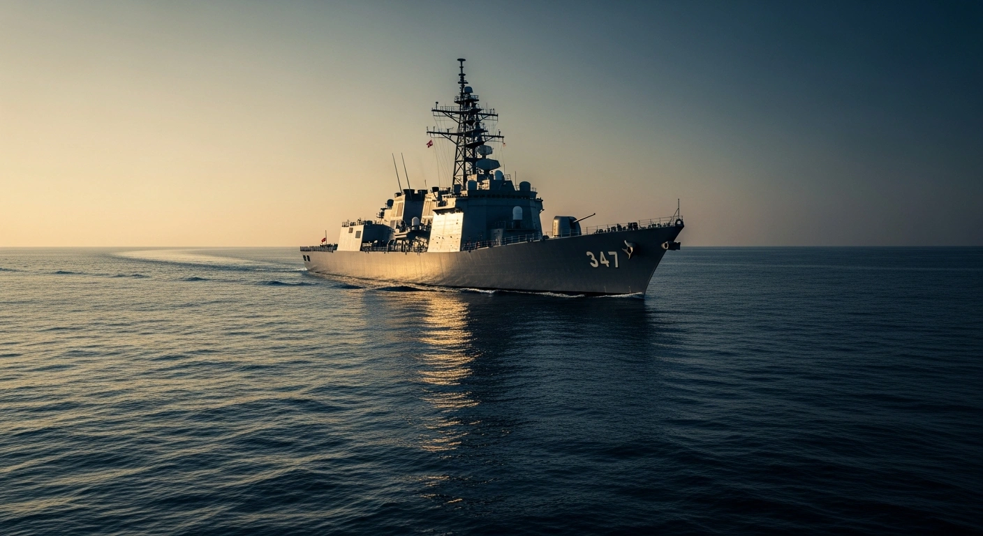 A Japanese Self-Defense Force destroyer sails through calm waters during twilight, representing Japan's cautious approach to international naval deployment.