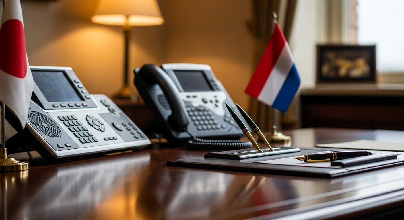 A professional office desk setup representing a diplomatic telephone summit between the leaders of Japan and the Netherlands to discuss international security.