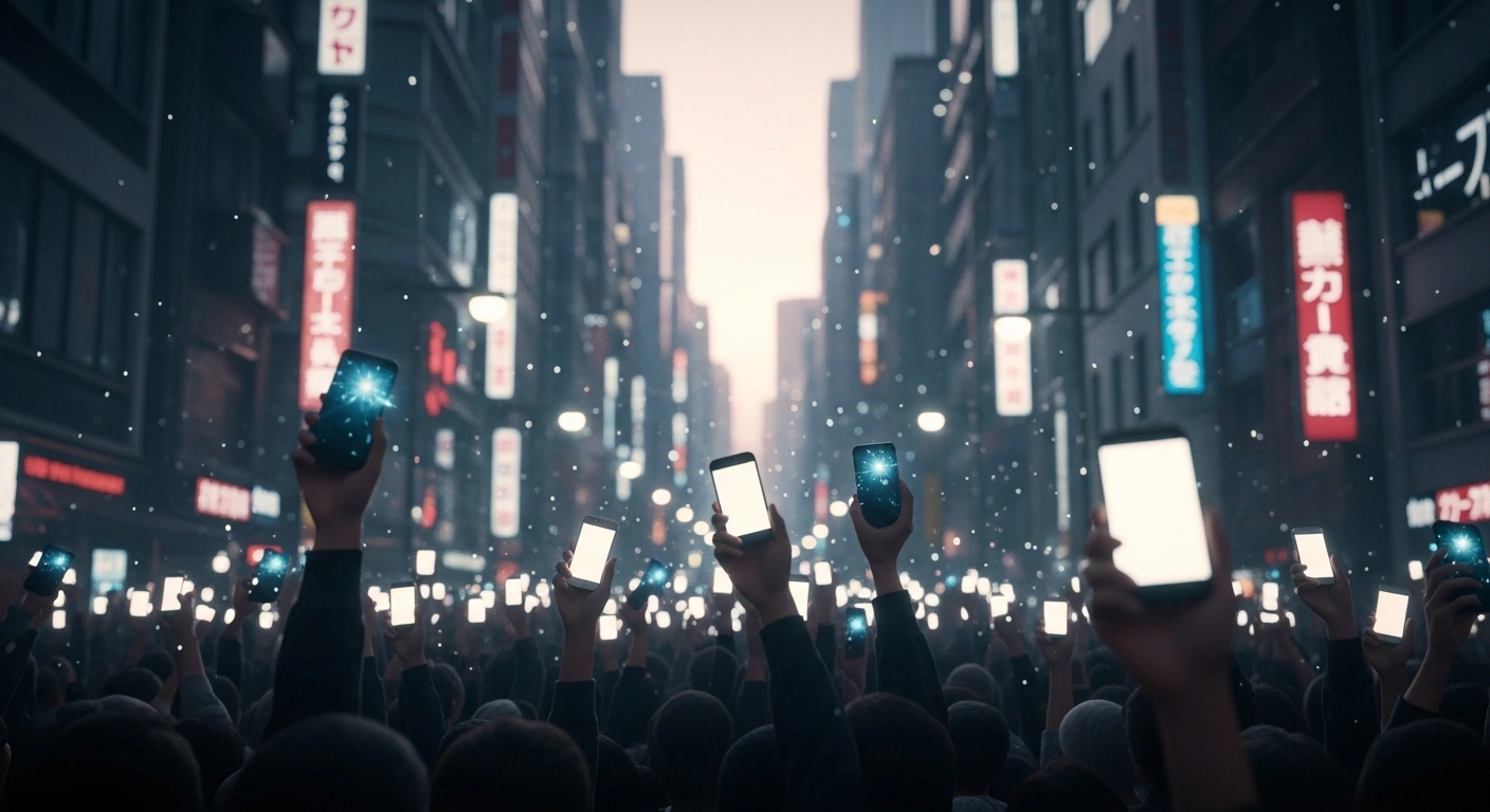 A low-angle, cinematic shot depicts a multitude of hands holding multiple glowing smartphones on a futuristic Tokyo street at dawn, illustrating the widespread adoption of mobile devices in Japan leading to the introduction of new 11-digit phone numbers.