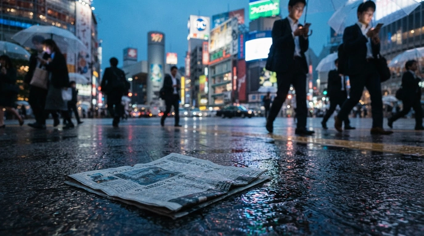 An abandoned newspaper lies on a wet Tokyo street as commuters use digital devices in the background, illustrating the decline of print media subscriptions in Japan.