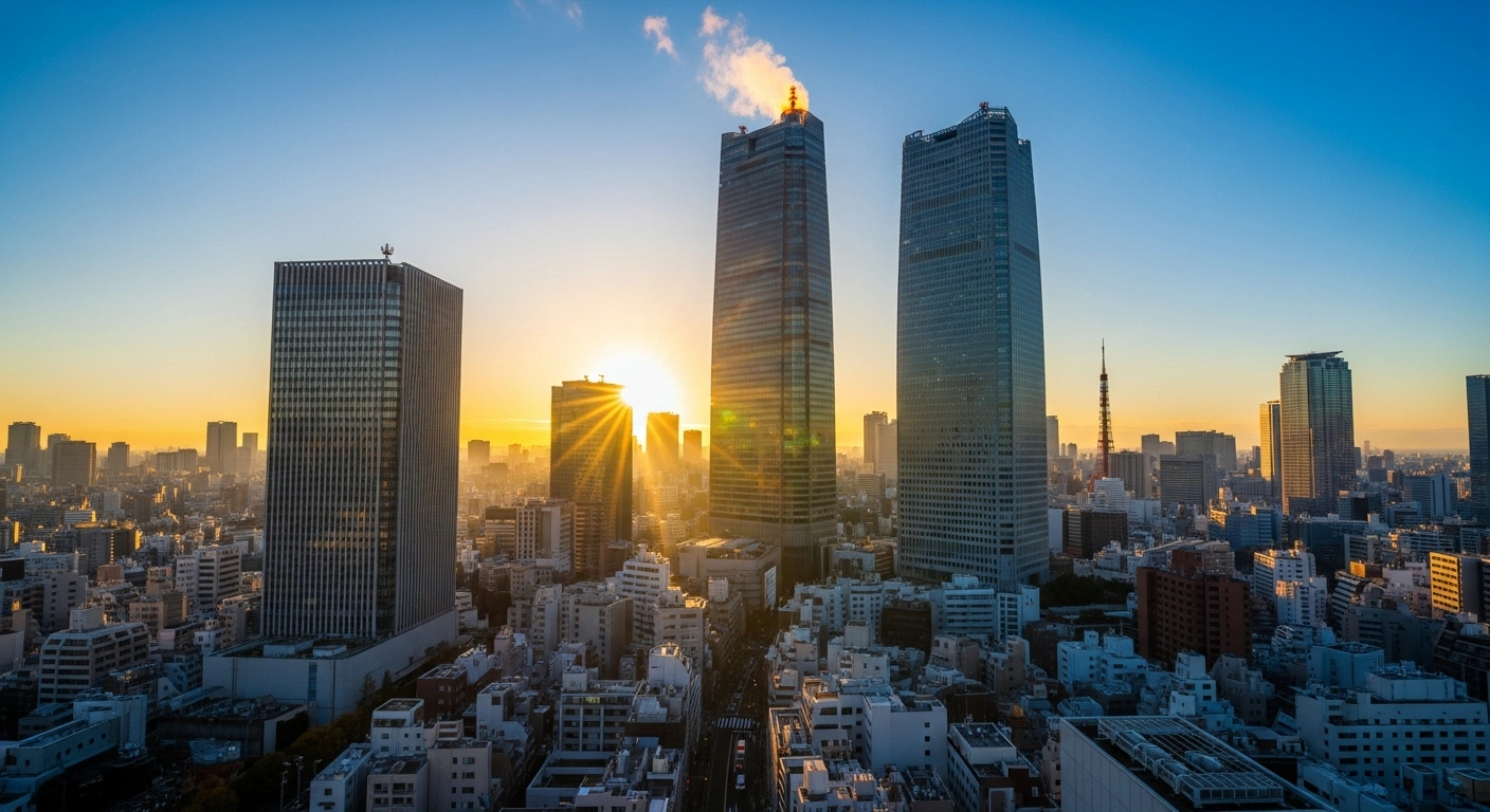 A vibrant, wide-angle shot of the Tokyo skyline at dawn, with golden sunlight illuminating towering financial buildings, representing Japan's historic Nikkei Average surge above 54,000, fueled by economic optimism and a weaker yen, despite underlying market overheating concerns.