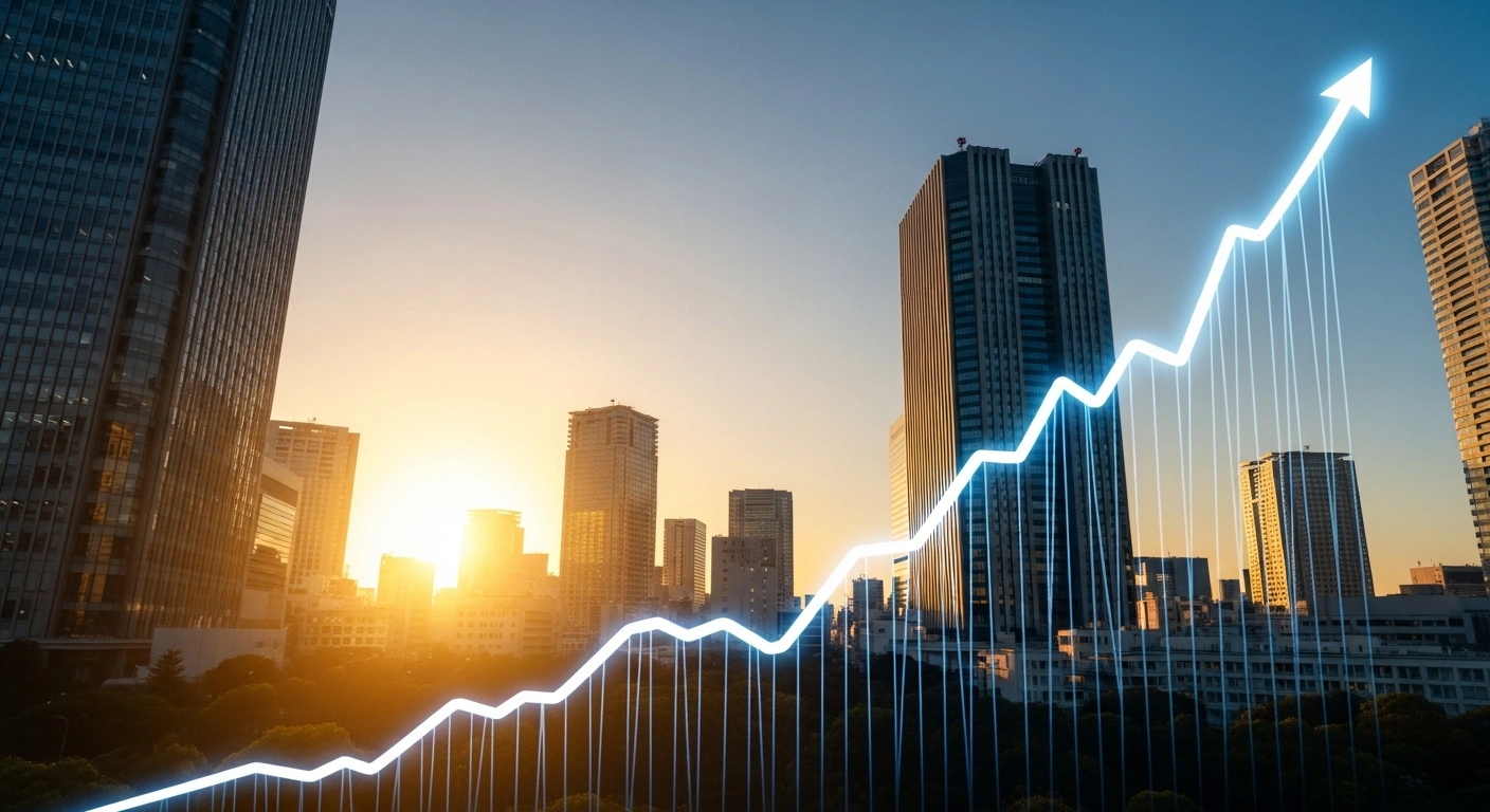 A stylized, illuminated financial graph line ascends dramatically above the modern Tokyo skyline at dawn, representing Japan's Nikkei 225 index closing at a record high, marking a significant milestone for the Japanese market.