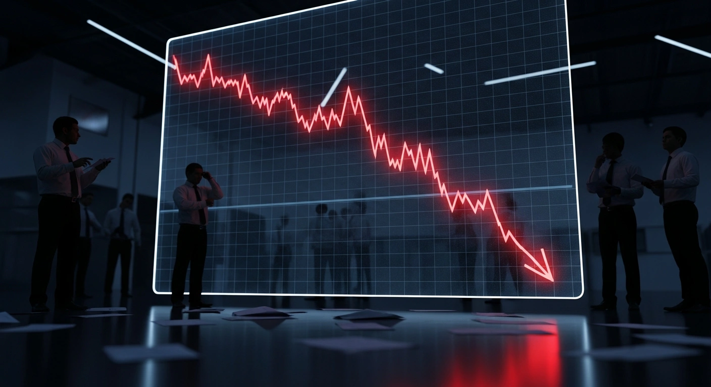 A dramatic, low-angle shot in a dimly lit, futuristic trading room shows a colossal holographic display with a sharply plummeting red graph line, symbolizing Japan's Nikkei 225 decline and the tech stock sell-off that rattled investor confidence, with silhouetted traders and scattered financial reports.