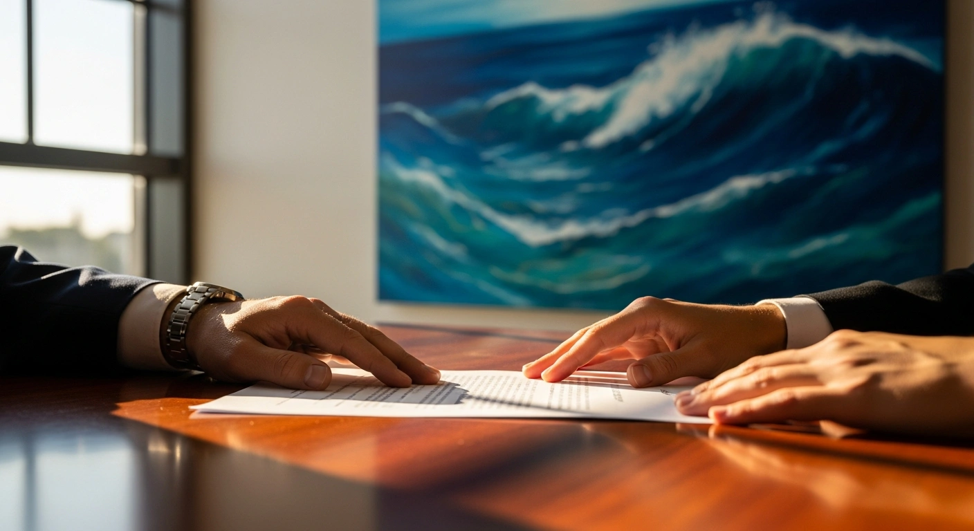 A close-up photograph captures two hands, one representing Japan and the other Niue, poised to sign an agreement on a polished wooden table, symbolizing a ¥140 million grant for disaster management equipment and marking the 10th anniversary of diplomatic relations.