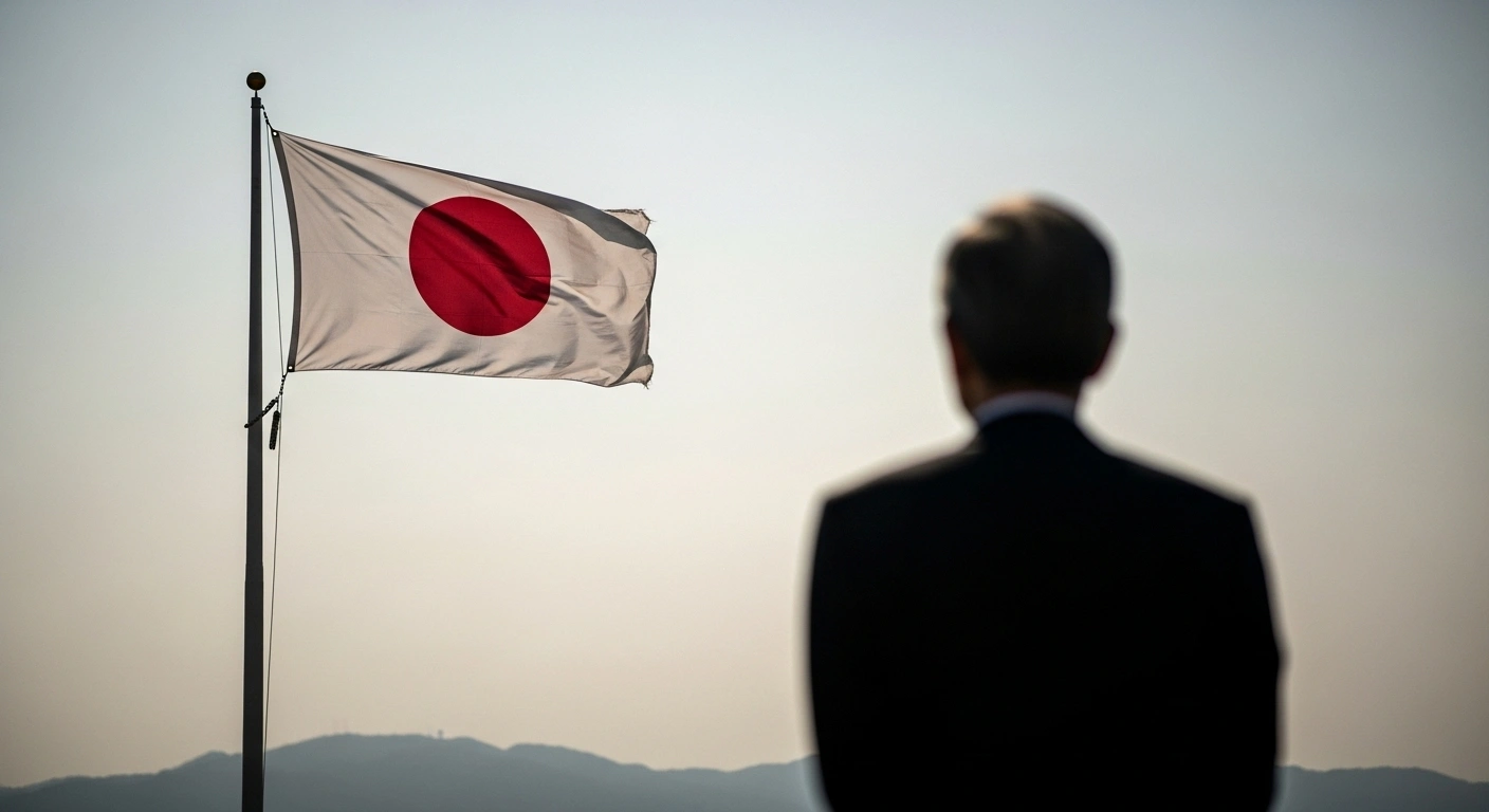 A weathered Japanese flag waves under an overcast sky, with a stoic government official standing in the foreground, symbolizing Japan's deep regret over the unresolved issue of Japanese nationals abducted by North Korea.