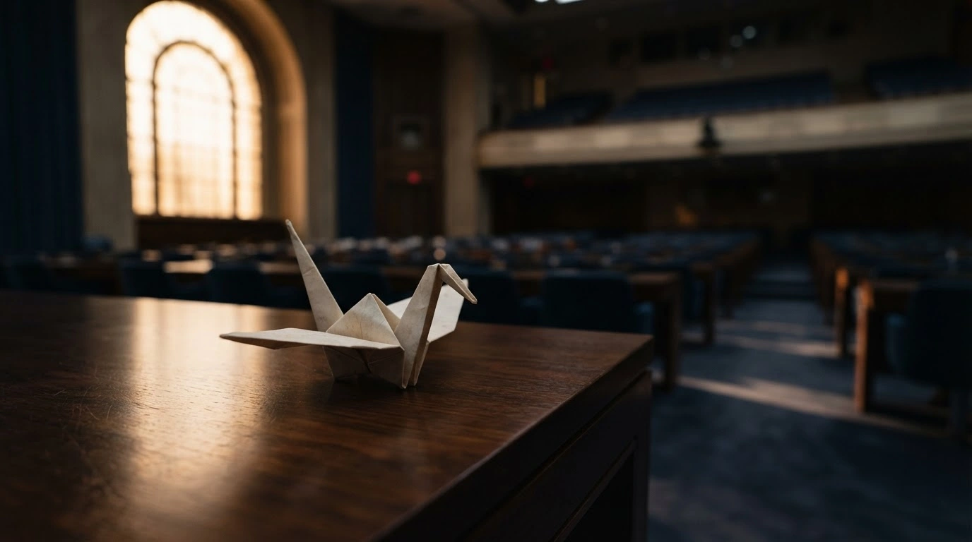 A delicate origami paper crane sits on a table in a grand assembly hall, symbolizing the global effort for nuclear disarmament.