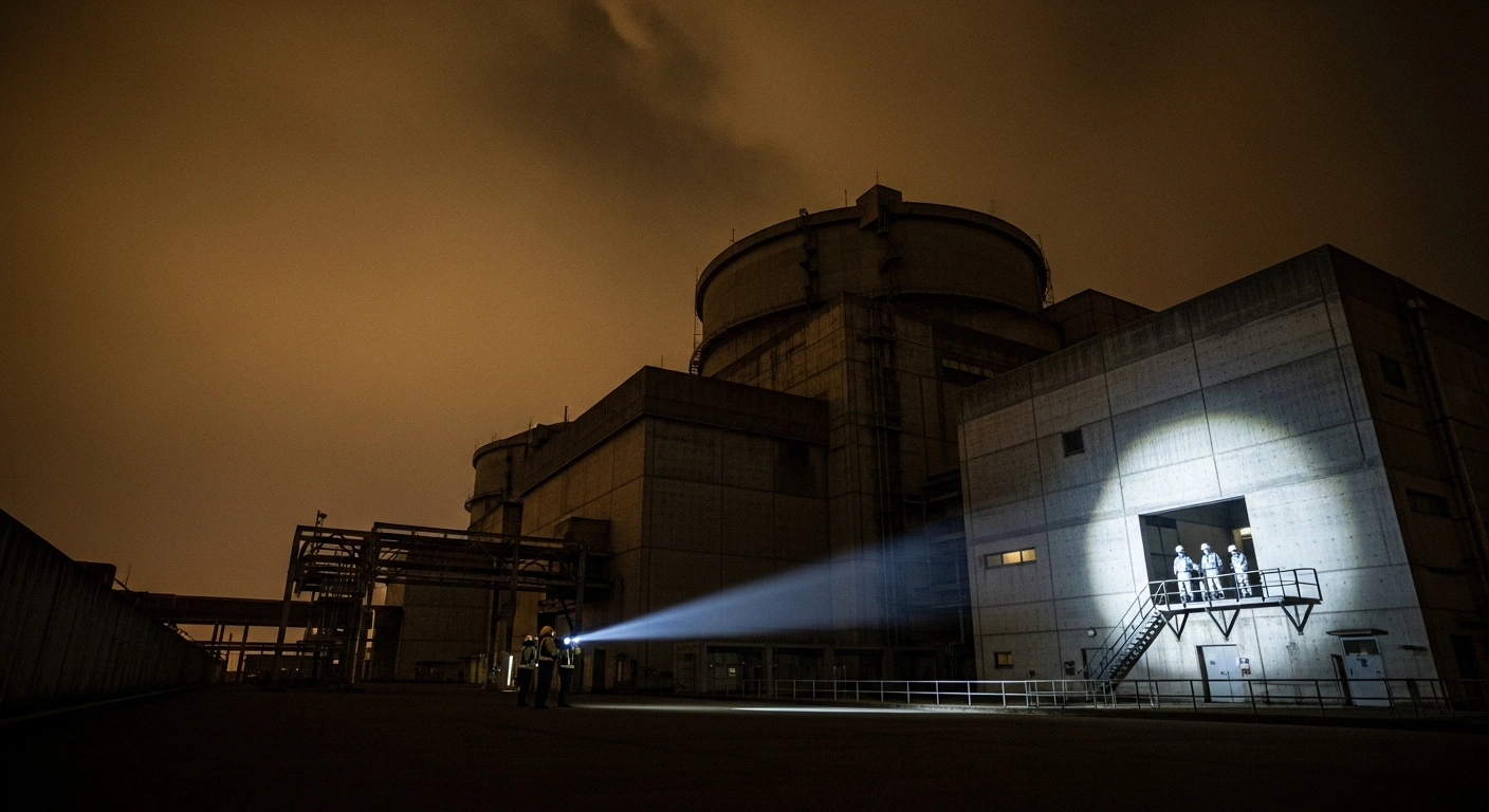 A wide, low-angle view of the Hamaoka nuclear power plant under a stormy sky, with a small group of inspectors from Japan's Nuclear Regulation Authority examining the facility, highlighting the ongoing investigation into data fraud concerning earthquake risks at Chubu Electric Power Co.