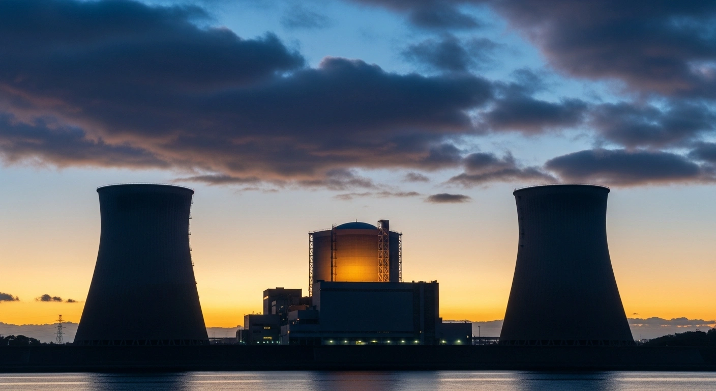 A wide, cinematic shot of the Kashiwazaki-Kariwa nuclear power plant at dawn, its massive cooling towers silhouetted against an indigo and gold sky, symbolizing Japan's shift in energy policy and the restart of the world's largest nuclear power plant nearly 15 years after the Fukushima disaster.