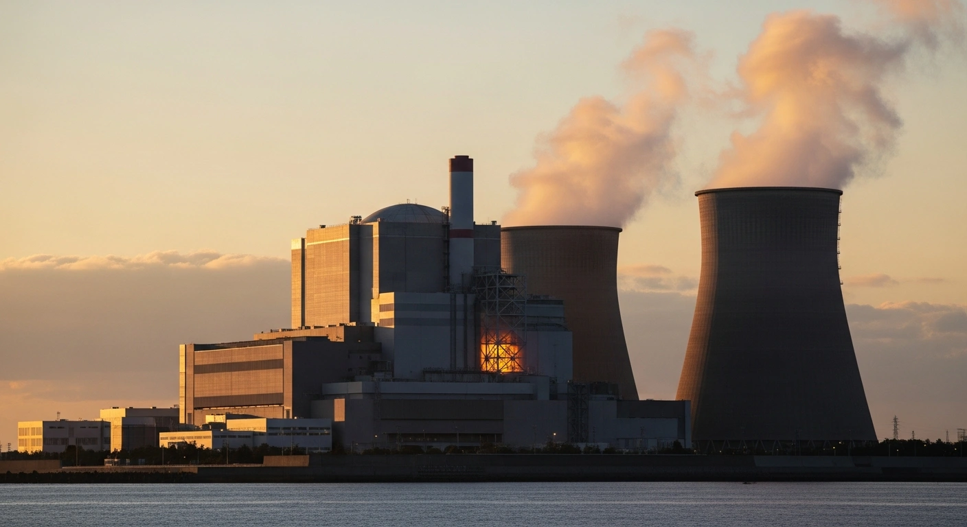A wide-angle photograph of Japan's Kashiwazaki-Kariwa Nuclear Power Station's Unit 6 at dawn, with its Advanced Boiling Water Reactor structure glowing and cooling towers emitting steam, symbolizing its recent restart by TEPCO and its role in displacing natural gas and reducing LNG imports.