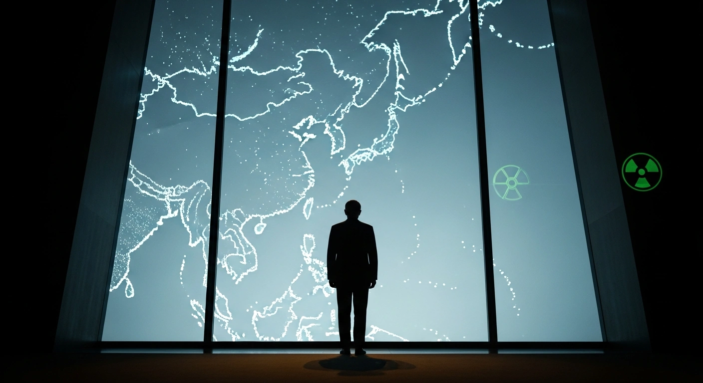 A silhouetted figure, representing a Japanese Prime Minister, stands before a large window overlooking a map of East Asia, contemplating a potential revision to Japan's Three Non-Nuclear Principles and its impact on security policy, with a subtle nuclear symbol glowing in the distance.