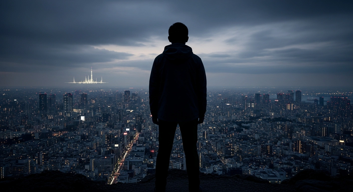 A solitary figure, representing Prime Minister Sanae Takaichi, stands silhouetted against a futuristic Japanese cityscape at dusk, gazing at a brooding sky, symbolizing the debate over revising Japan's Three Non-Nuclear Principles amid regional security threats.