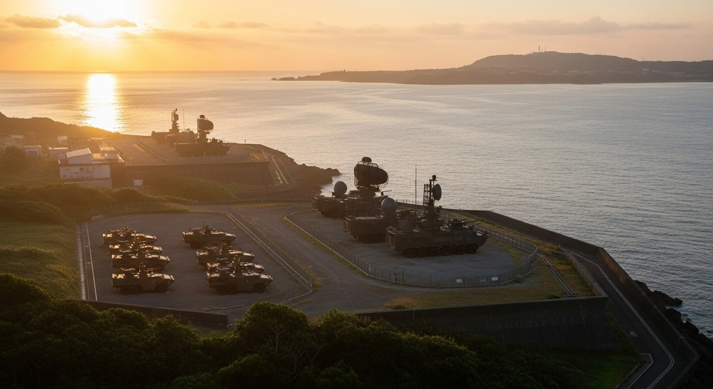 A fortified Japanese military installation on the rugged coastline of Okinawa at dawn, featuring modern armored vehicles and radar dishes, symbolizes Japan's strategic enhancement and bolstered defense capabilities in its southwestern territories near the Taiwan Strait, driven by security concerns from China.