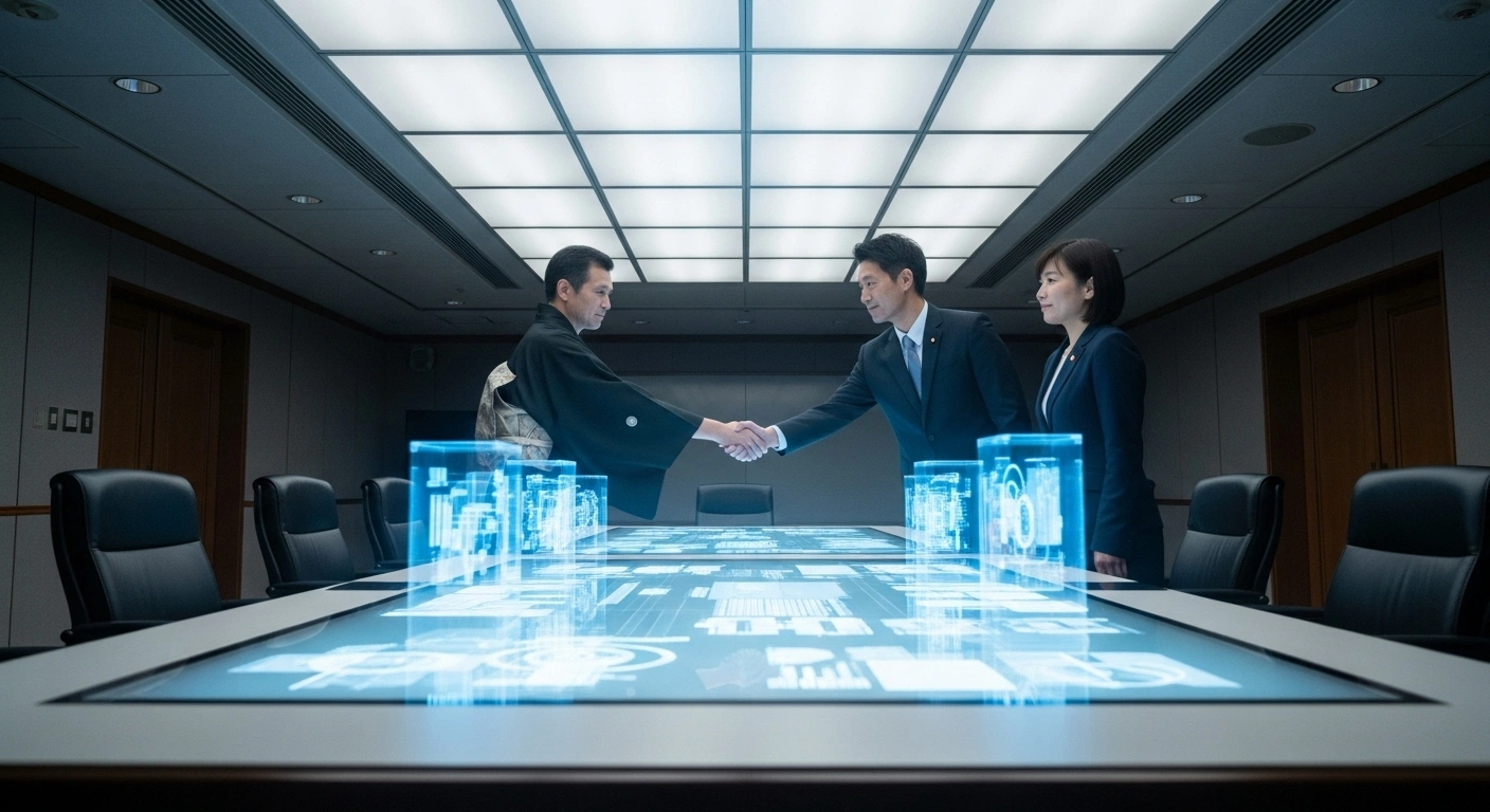 A futuristic Japanese government conference room shows two individuals shaking hands over a glowing holographic table, symbolizing the collaboration between Japan's Digital Agency and OpenAI to develop generative AI applications like Gennai and ChatGPT for government agencies, aiming to boost administrative efficiency and public services by fiscal year 2026.
