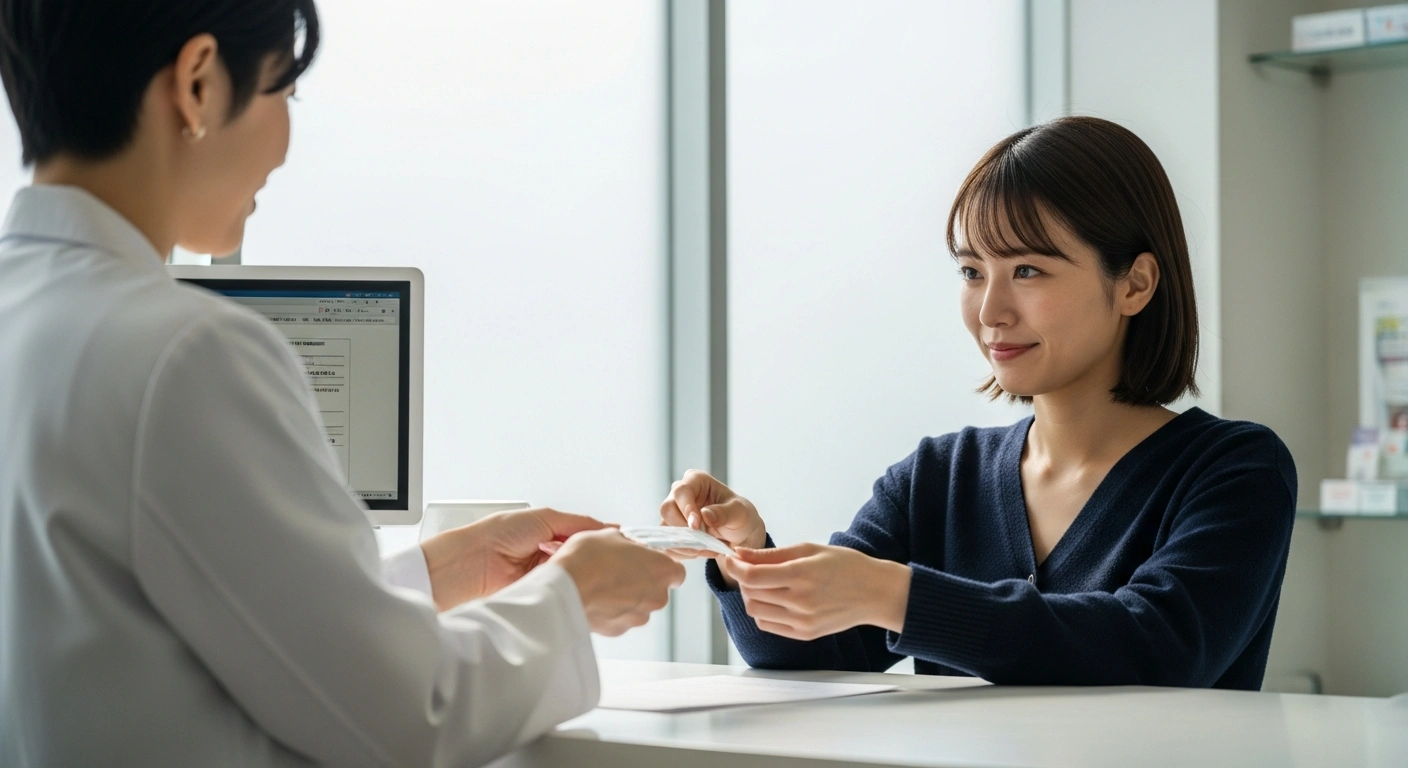 A young Japanese woman stands at a modern pharmacy counter, receiving a small package from a pharmacist, representing Japan's new over-the-counter sales of the emergency contraceptive pill NorLevo and expanded reproductive healthcare access.
