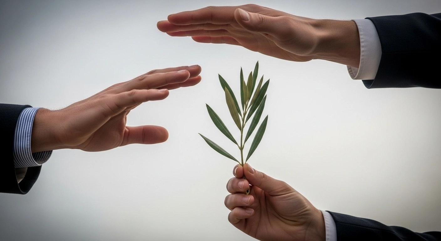A close-up shows three hands: one holding an olive branch symbolizing a Palestinian state, another larger hand pressing down on it representing US pressure and concerns over Israel's stance, and a third hand, symbolizing Japan, hovering hesitantly, assessing the timing for recognition of a two-state solution.
