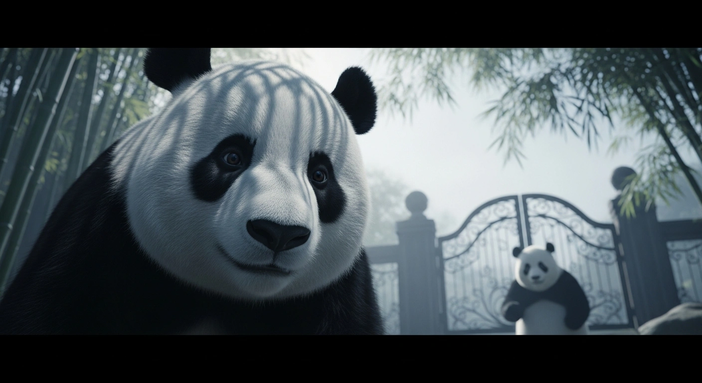 A giant panda with a melancholic gaze is depicted in soft morning light, standing near a stylized ornate gate, symbolizing the return of Japan's last two giant pandas, Xiao Xiao and Lei Lei, from Tokyo's Ueno Zoo to China amidst diplomatic strain.