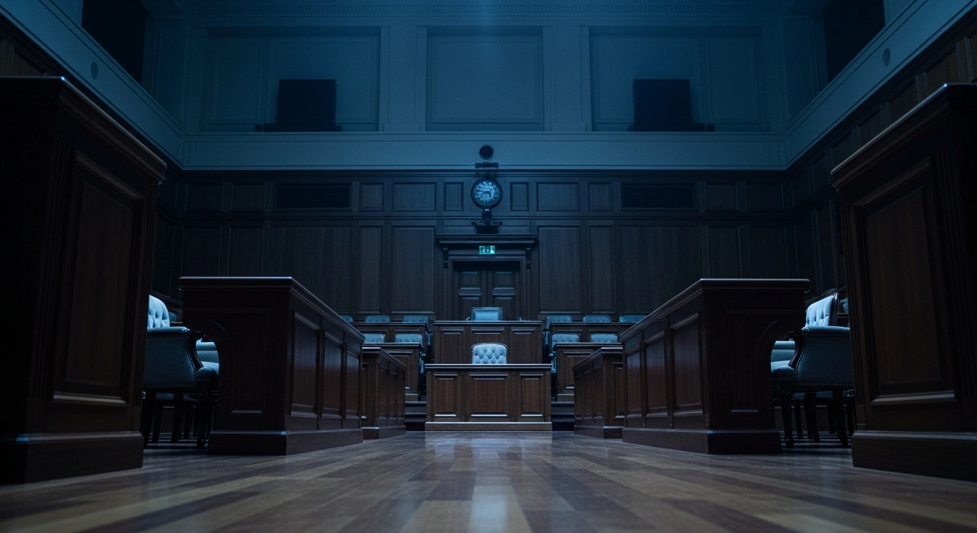 The interior of a formal Japanese parliamentary chamber shows empty rows of seats facing each other, symbolizing the political tension over the fiscal 2026 budget debate.