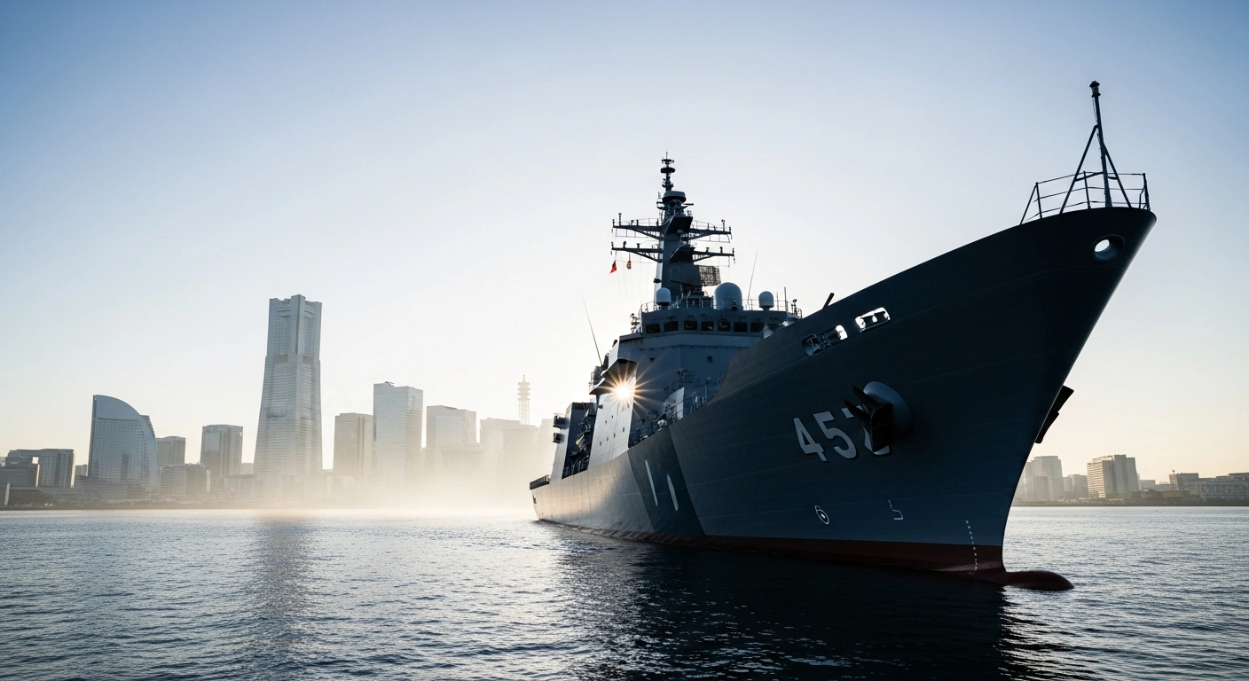 A newly launched, sleek Japanese offshore patrol vessel, part of the Japan Maritime Self-Defense Force's fleet, is depicted on the water with the Yokohama skyline in the background, symbolizing Japan's bolstered surveillance capabilities.