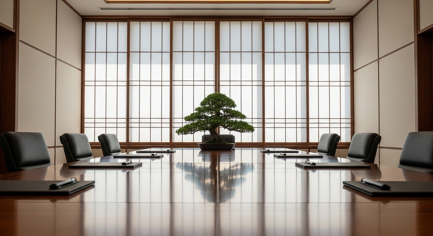 A serene, modern diplomatic chamber with a bonsai tree on a polished wooden table, symbolizing Japan's new mediation office within its Foreign Ministry, dedicated to brokering peace and supporting post-conflict recovery for international stability.