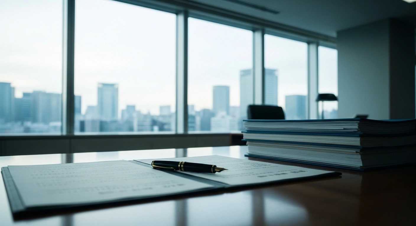 A close-up view of official government documents on a desk in a Japanese office, representing the new stricter permanent residency requirements for foreign residents.