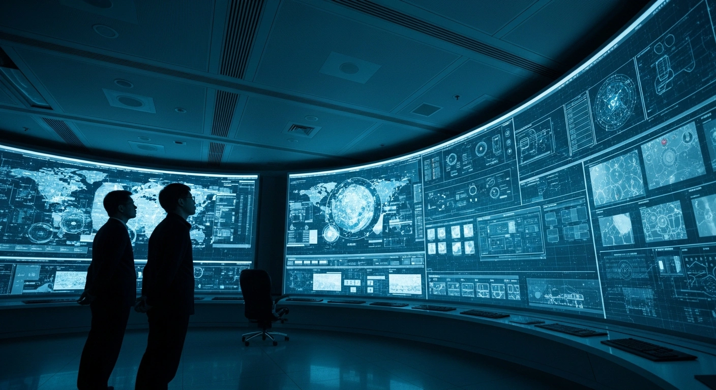 A wide, low-angle shot of a state-of-the-art military command center with two figures in silhouette observing large, glowing holographic displays showing real-time data, symbolizing Japan's transfer of a Mitsubishi Electric command-and-control system to the Philippines for enhanced maritime and aerial threat monitoring.