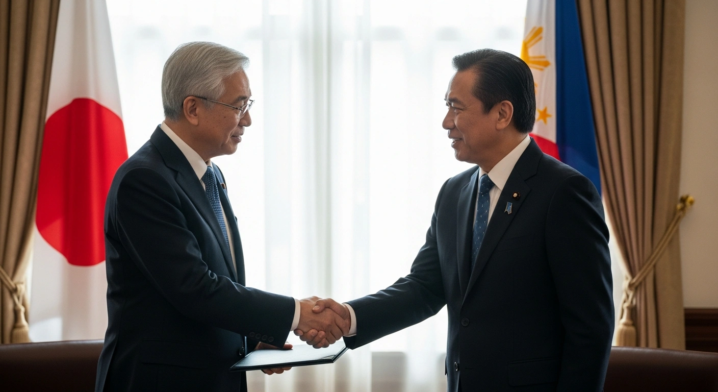 Japanese Ambassador Endo Kazuya and Philippine Justice Secretary Fredderick Vida shake hands in a formal meeting room on January 13, 2026, symbolizing strengthened judicial cooperation and deepening bilateral ties between Japan and the Philippines.