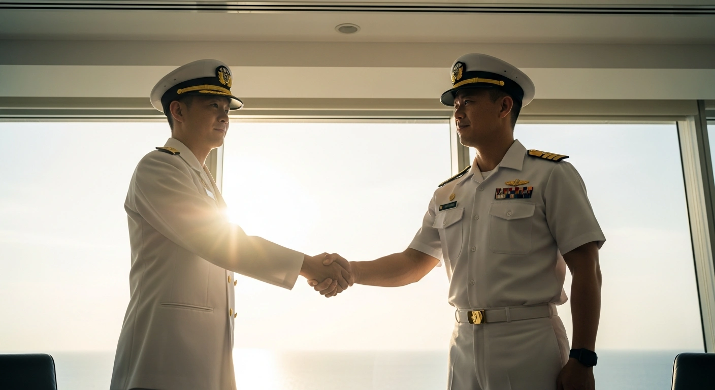 Two naval officers, one Japanese and one Filipino, are shaking hands in a sunlit conference room with a blurred ocean view, symbolizing their nations' strategic partnership and commitment to maritime cooperation discussed at the 7th Japan-Philippines Maritime Dialogue.