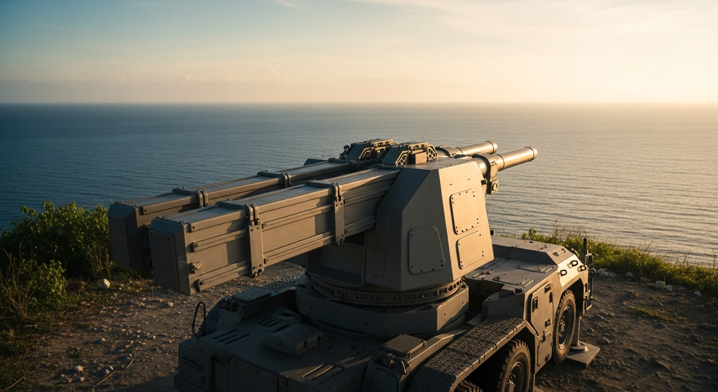 A Japanese-made surface-to-ship missile system stands on a coastal cliff as part of a defense cooperation agreement between Japan and the Philippines.