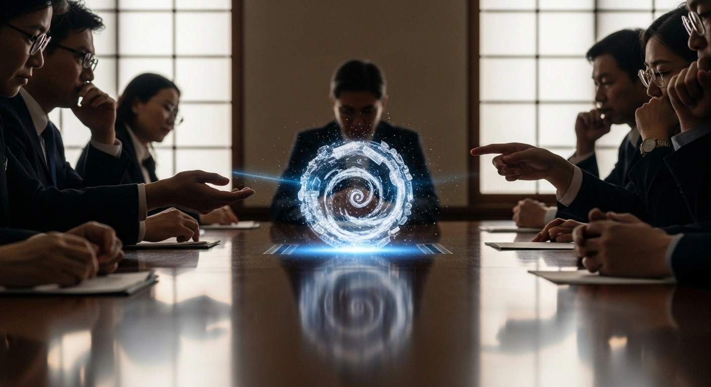 A wide-angle shot of delegates from approximately 20 nations gathered around a polished conference table in Japan, observing a holographic projection of plastic pollution, during informal, closed-door talks to negotiate a global treaty.