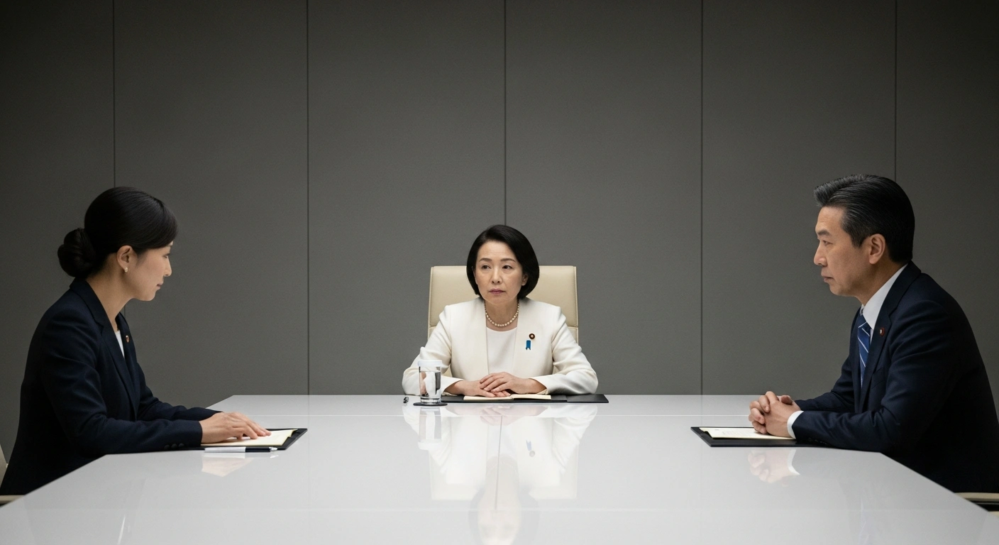 A determined Japanese Prime Minister Sanae Takaichi, illuminated by a strong key light, stands in a stark conference room, facing the deep shadow of an unseen figure across a long table, symbolizing her desire for a summit with North Korean leader Kim Jong Un to resolve the abduction issue.
