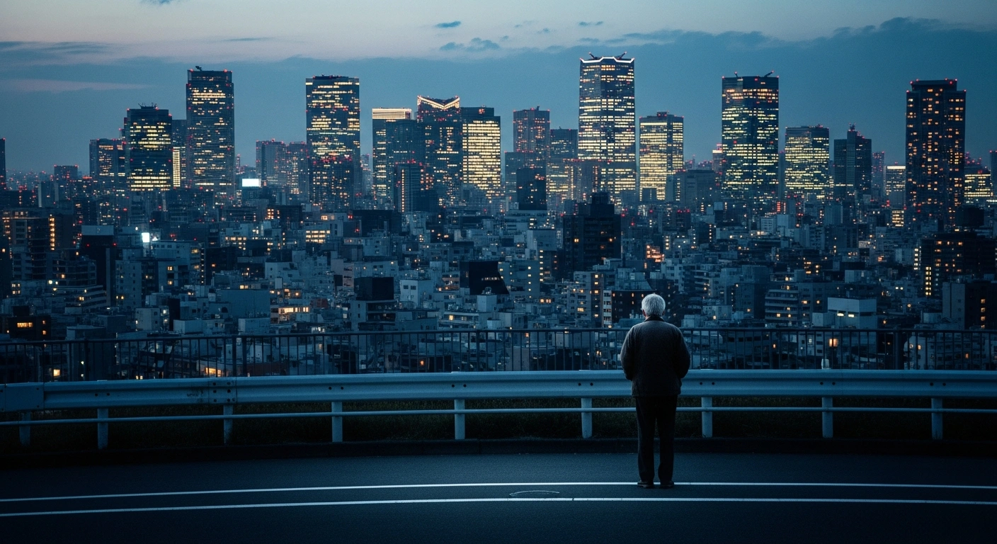 A solitary elderly person stands in a quiet street overlooking the densely populated and illuminated skyline of Tokyo, representing Japan's demographic shift and urban concentration.