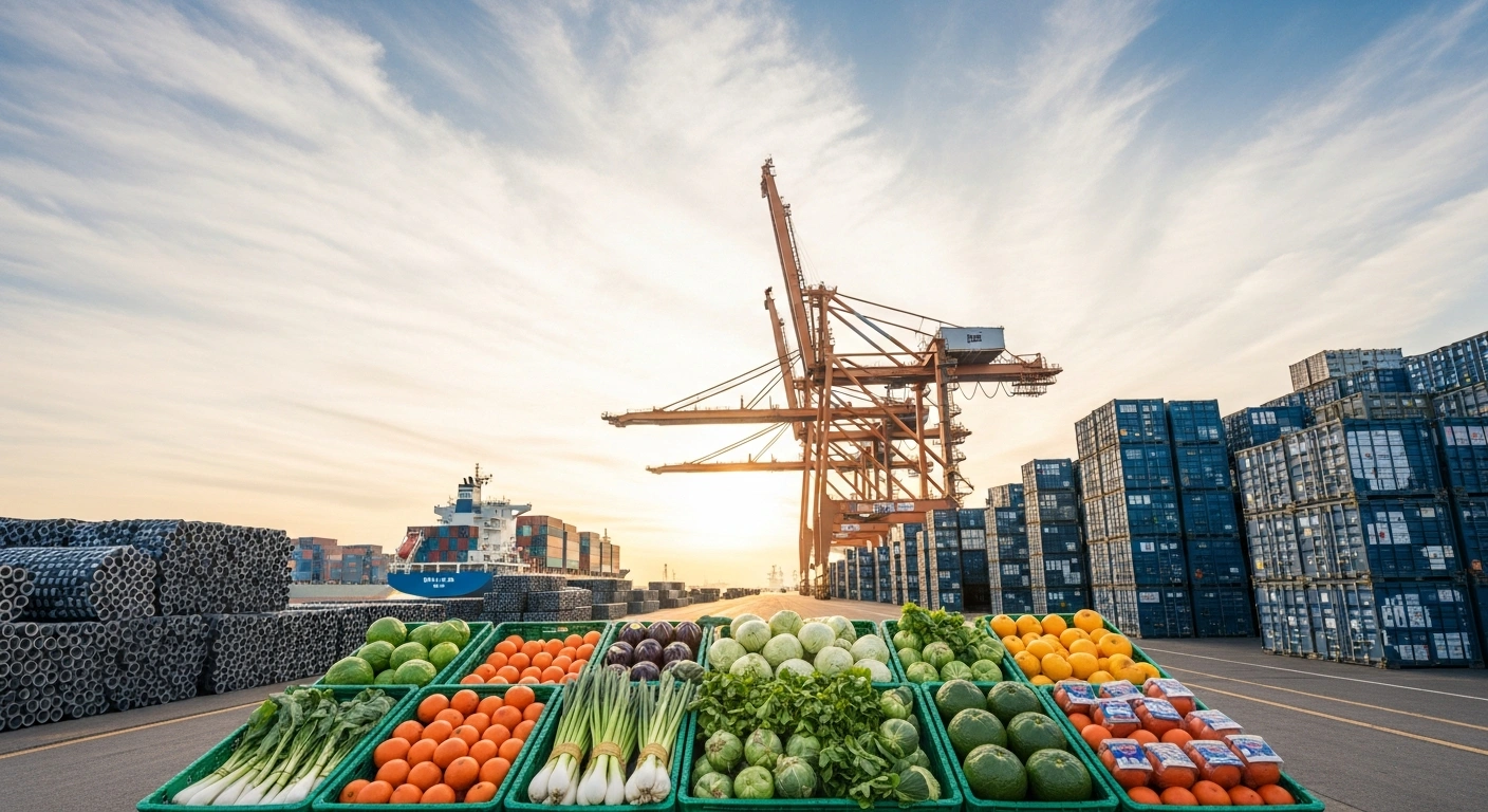 A wide-angle, low-angle shot depicts a bustling Japanese industrial port at dawn, with towering stacks of nonferrous metals and fresh agricultural produce in the foreground, visually representing the 59th consecutive month of increase in Japan's producer price index driven by these sectors.