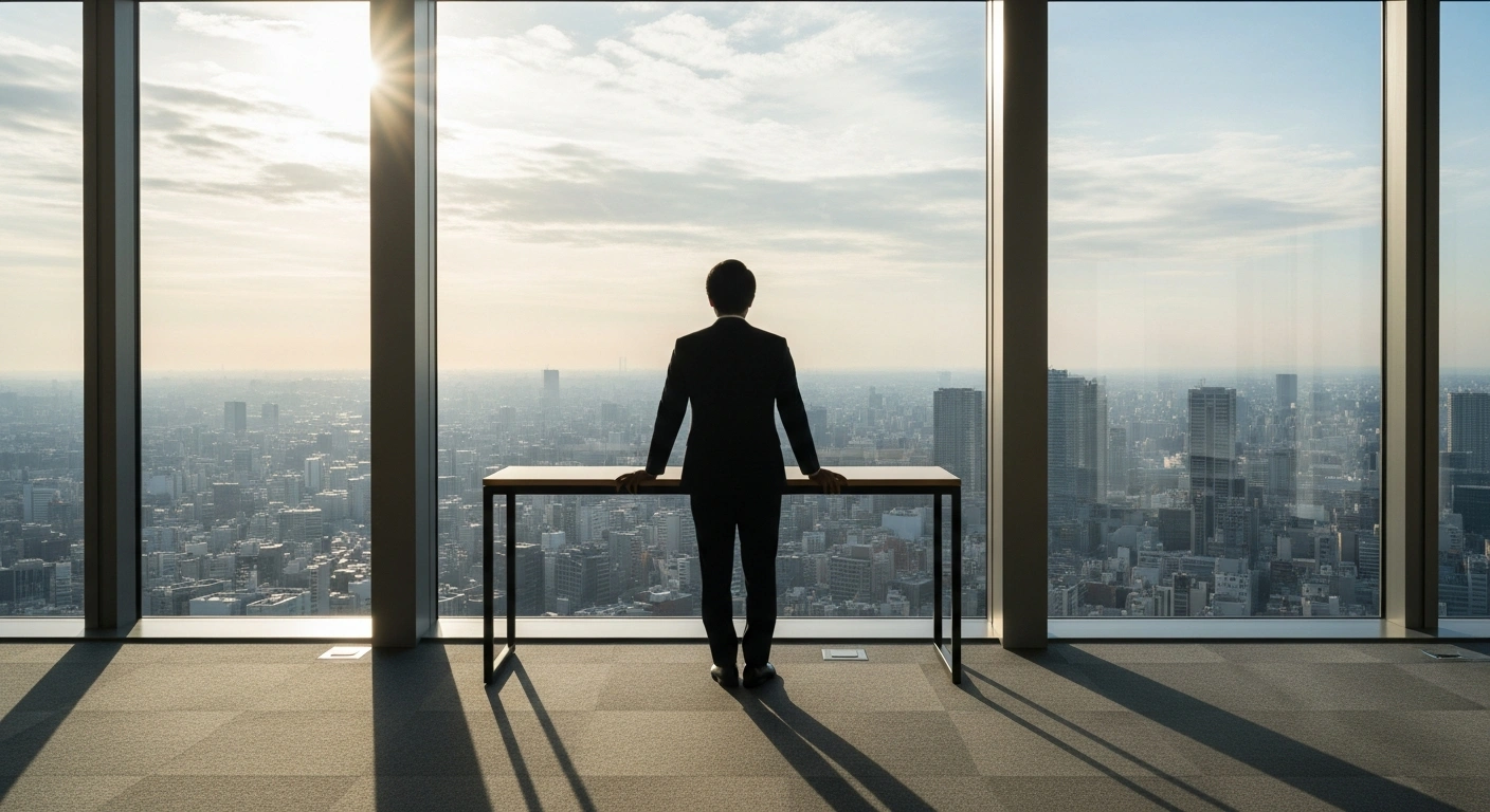 A solitary, sharply dressed man stands silhouetted against a panoramic window overlooking a bustling city at dawn, his hand resting on a polished desk, symbolizing the anticipation of a Bank of Japan interest rate hike contingent on wage growth.