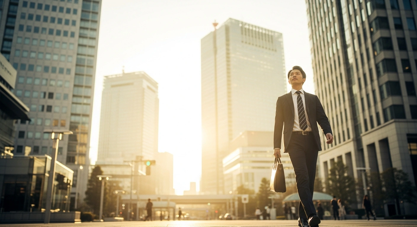 A professional in Tokyo walks through a financial district as Japan experiences a sustained rise in real wages and salary growth.