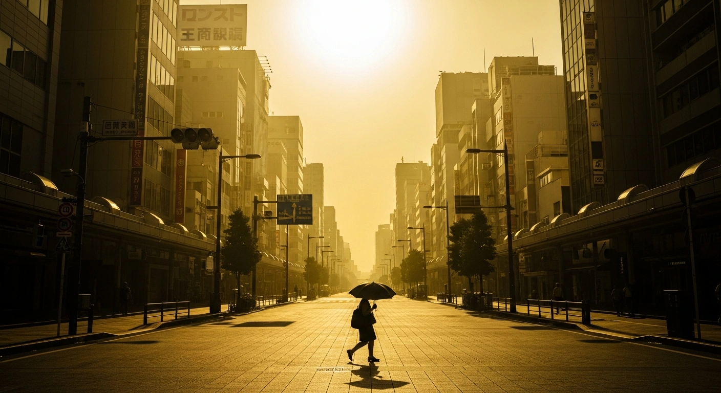 A pedestrian walks down a sun-scorched city street in Japan during a record-breaking heatwave as heat haze rises from the pavement.
