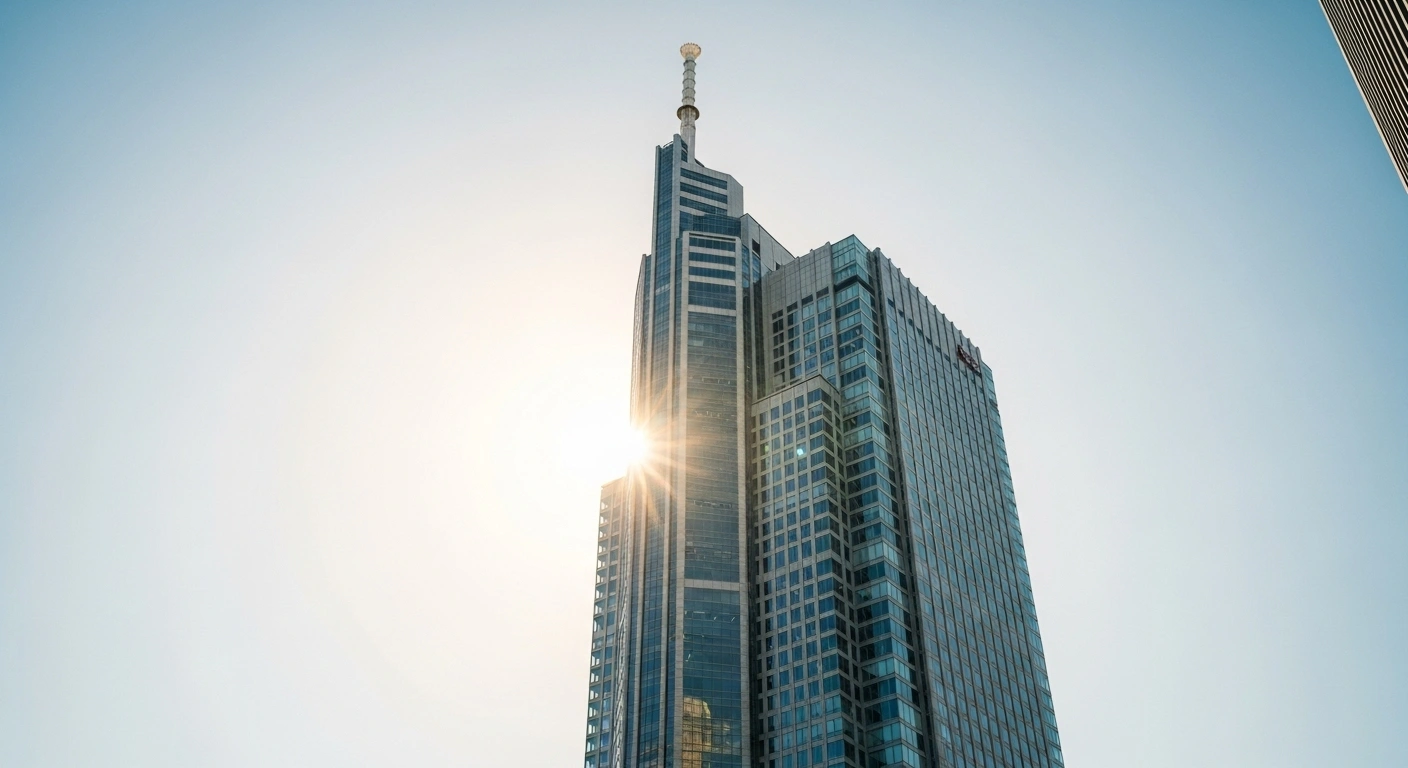 A sleek, modern Japanese skyscraper stands tall against a golden hour sky, its pinnacle emitting an upward glow, visually representing Japan's private-sector average salary reaching a record high of ¥4.78 million in 2024, a 3.9% increase and the fastest growth in 33 years.