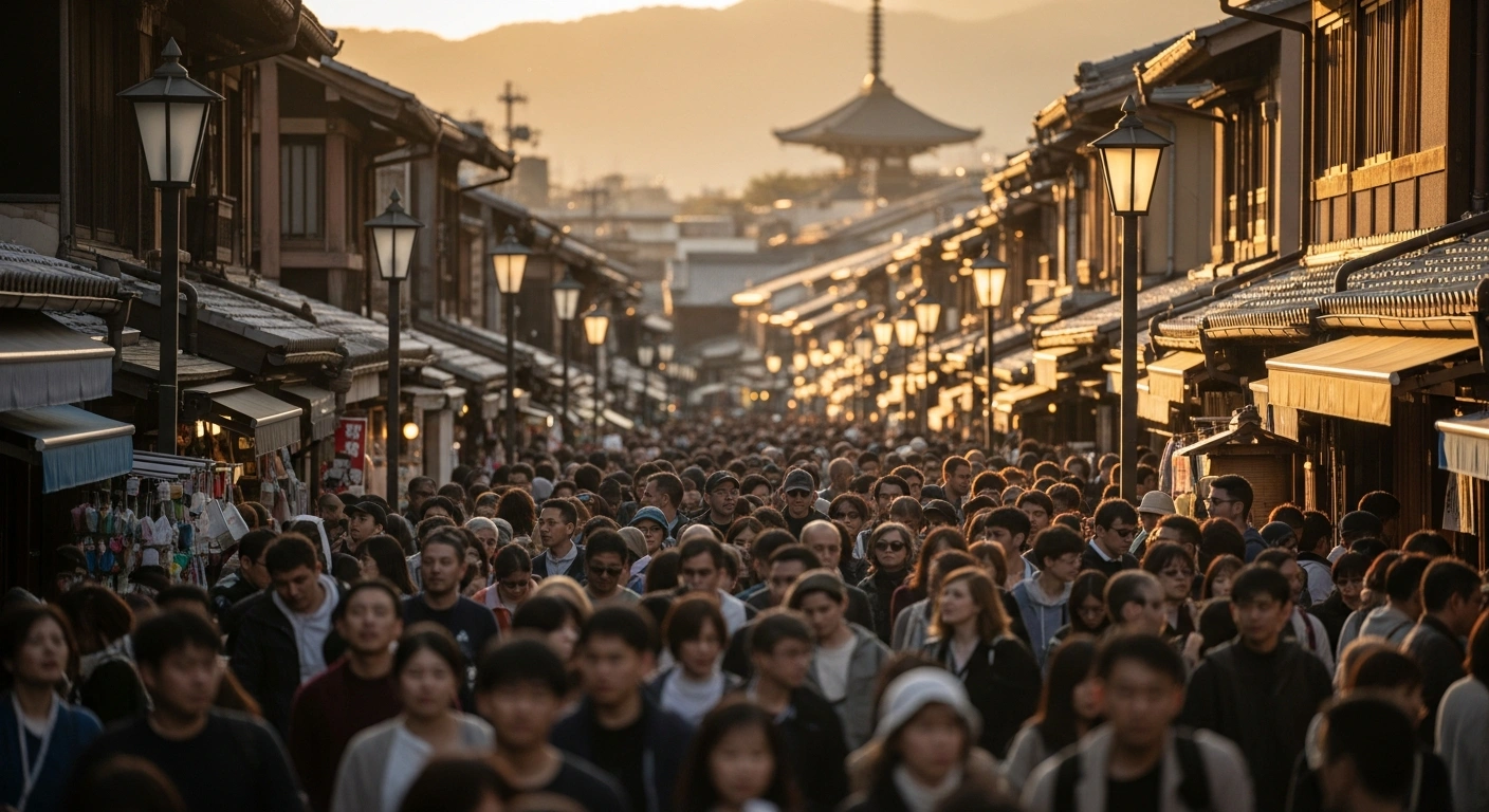 A bustling street scene in Kyoto, Japan, at golden hour, filled with a diverse crowd of international tourists exploring traditional shops and temples, symbolizing Japan's record 42.7 million visitors in 2025, bolstered by a weak yen and increased visitors from various regions.