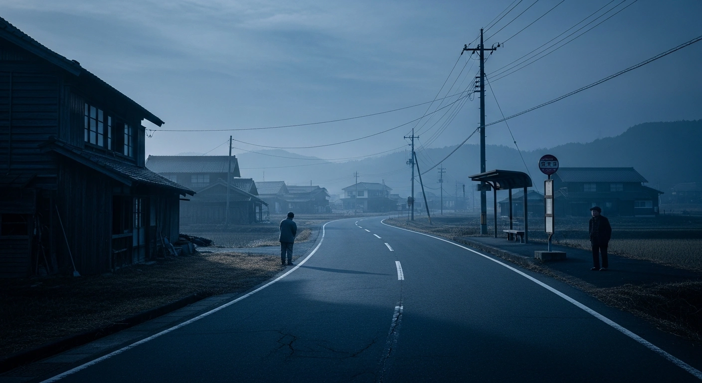 An elderly person stands alone at an empty bus stop in a rural Japanese village, illustrating the impact of transport voids on aging populations.