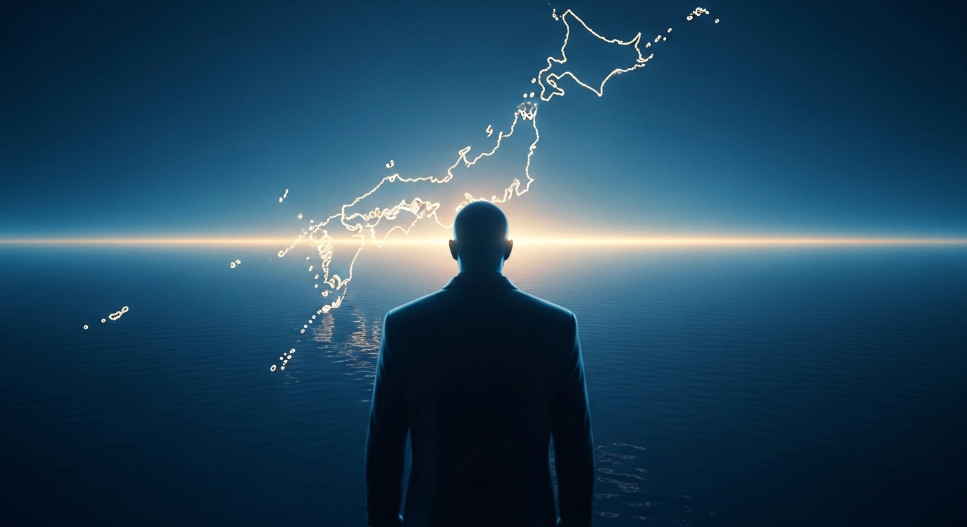 A solitary figure stands silhouetted against a stylized, glowing representation of the Ryukyu Islands at dawn, symbolizing Japan's unwavering claim to sovereignty over territories including Okinawa, amidst escalating diplomatic tensions with China.